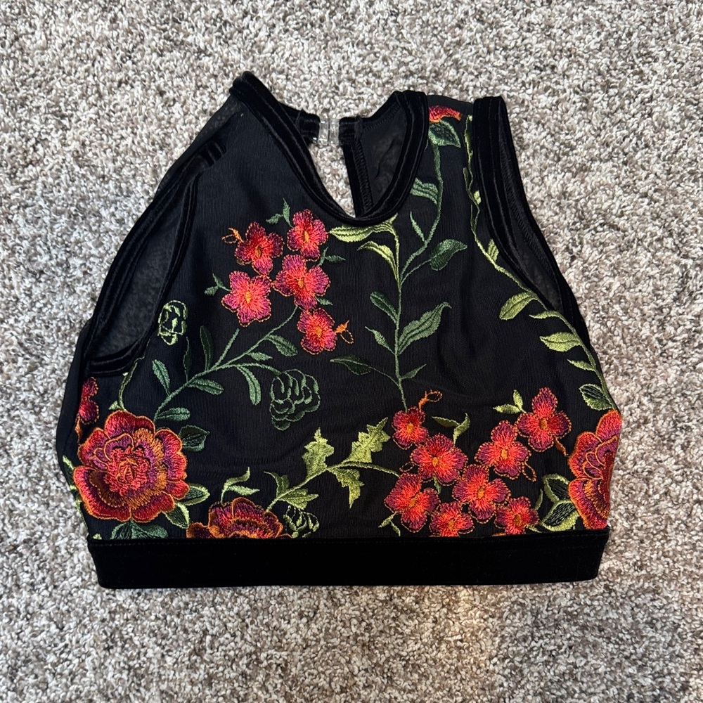 Floral Embroidered Black Crop Top - Details Dancewear